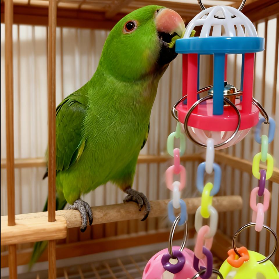 Parrot toy bird supplies: bell ball chain chewing toy, available in various colors, relieves boredom, combats depression, makes sounds, and serves as a chewing and beak-grinding toy