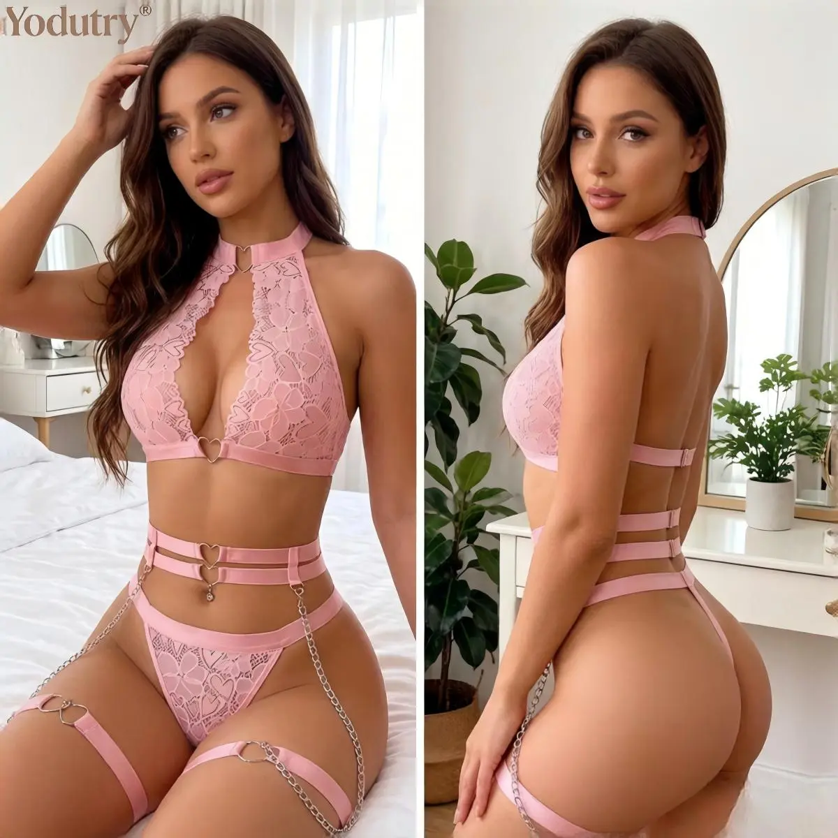 Women's 2-Pcs Aesthetic Fashion Sports Underwear Set, Elegant Lace Bralette & Garter Panty, Lightweight Metallic Heart Chain Comfortable Fit Bras for Women Nightwear for Photoshoot Extended Wear
