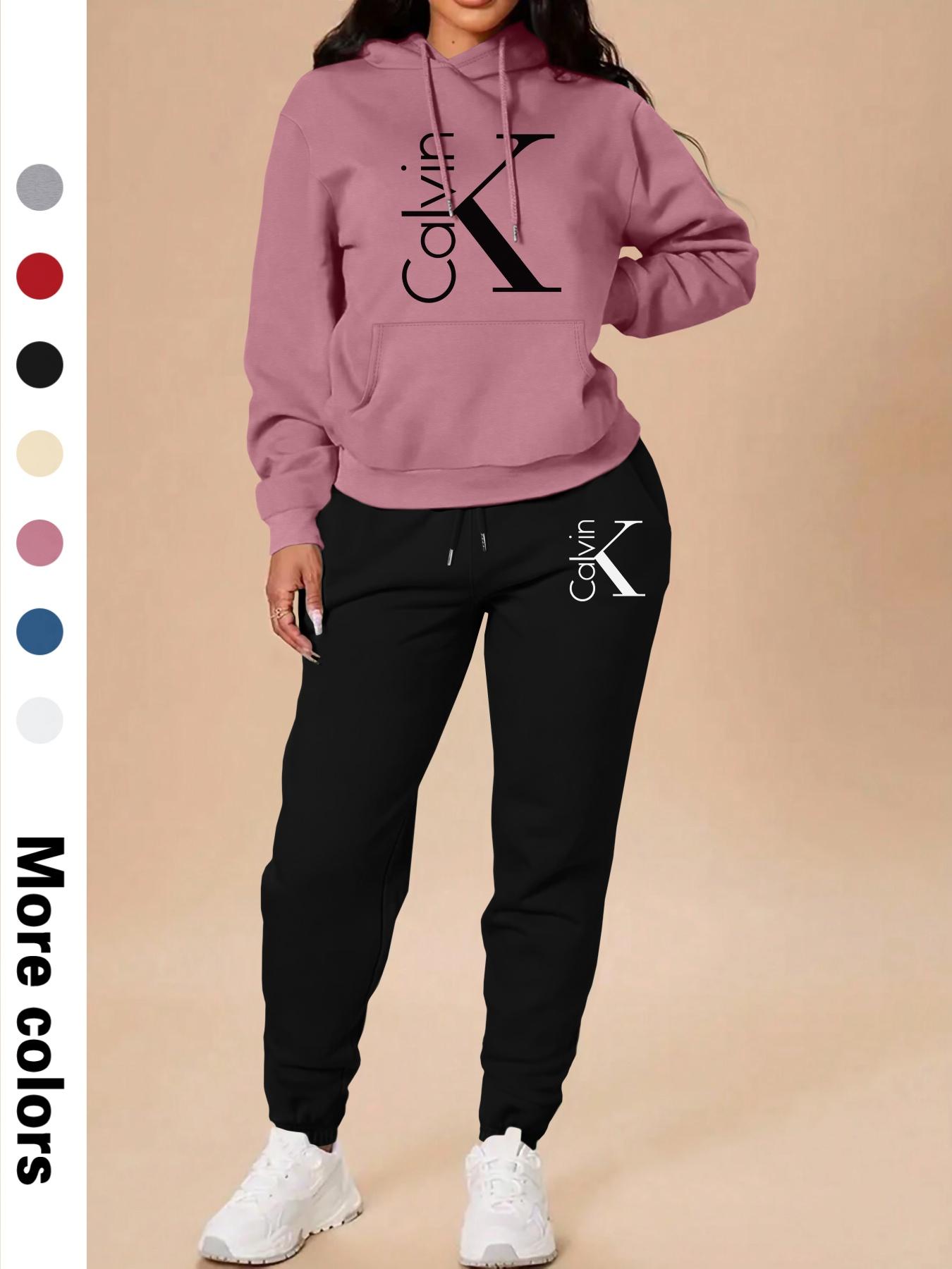 Spring Fall Thin Women's Casual Hooded Sweatshirt Set, Long Sleeve Letter Print Top + Pants, Fitted Sportswear with Pockets