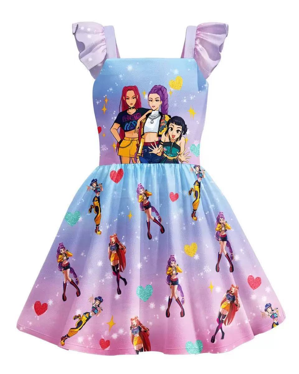 Girls' Summer Short-Sleeve 3D Random Print Cute Dress - Kids' Fashion Clothing, Ideal Gift for Children, Perfect for Casual Attire, Festive Occasions