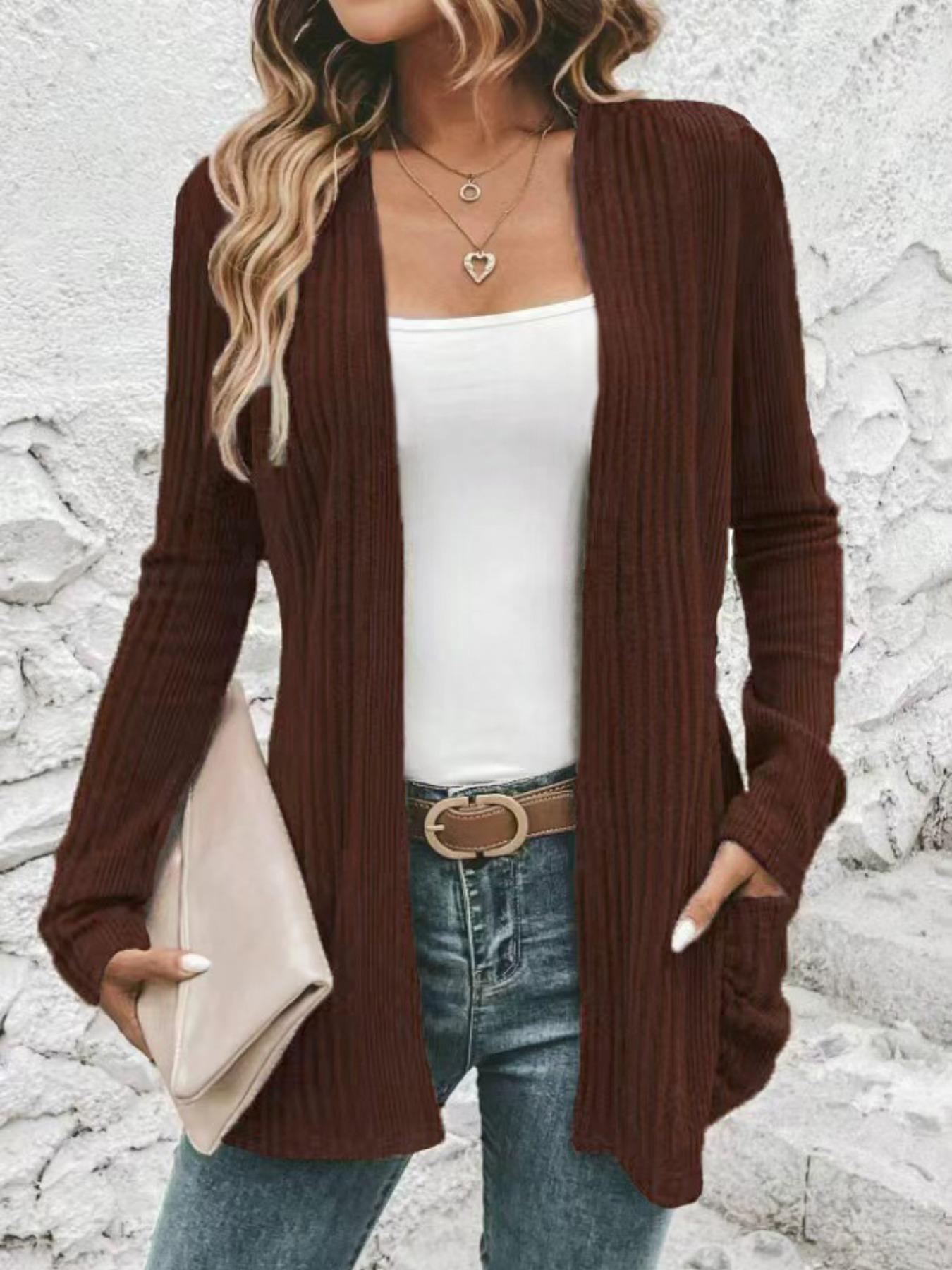 Women's Ribbed Open Front Sweater Cardigan, Casual Long Sleeve Cardigan Sweater for Spring & Fall, Women's Knit Clothing for Daily Wear