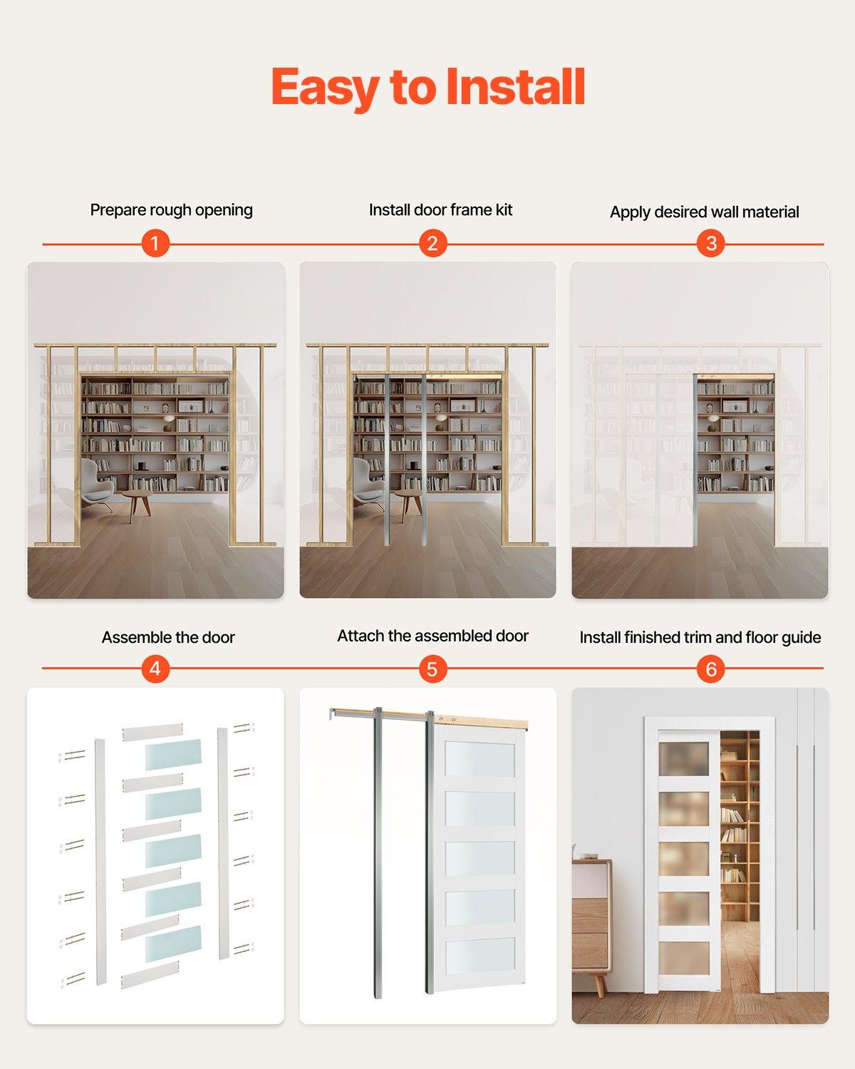 VEVOR Sliding Pocket Door, 36" x 80", 5-Lite Frosted Glass Single Sliding Door with Hardware Kit, Sturdy Solid Wood MDF Pocket Doors Slab with Waterproof Surface for Bedroom Kitchen Study Room