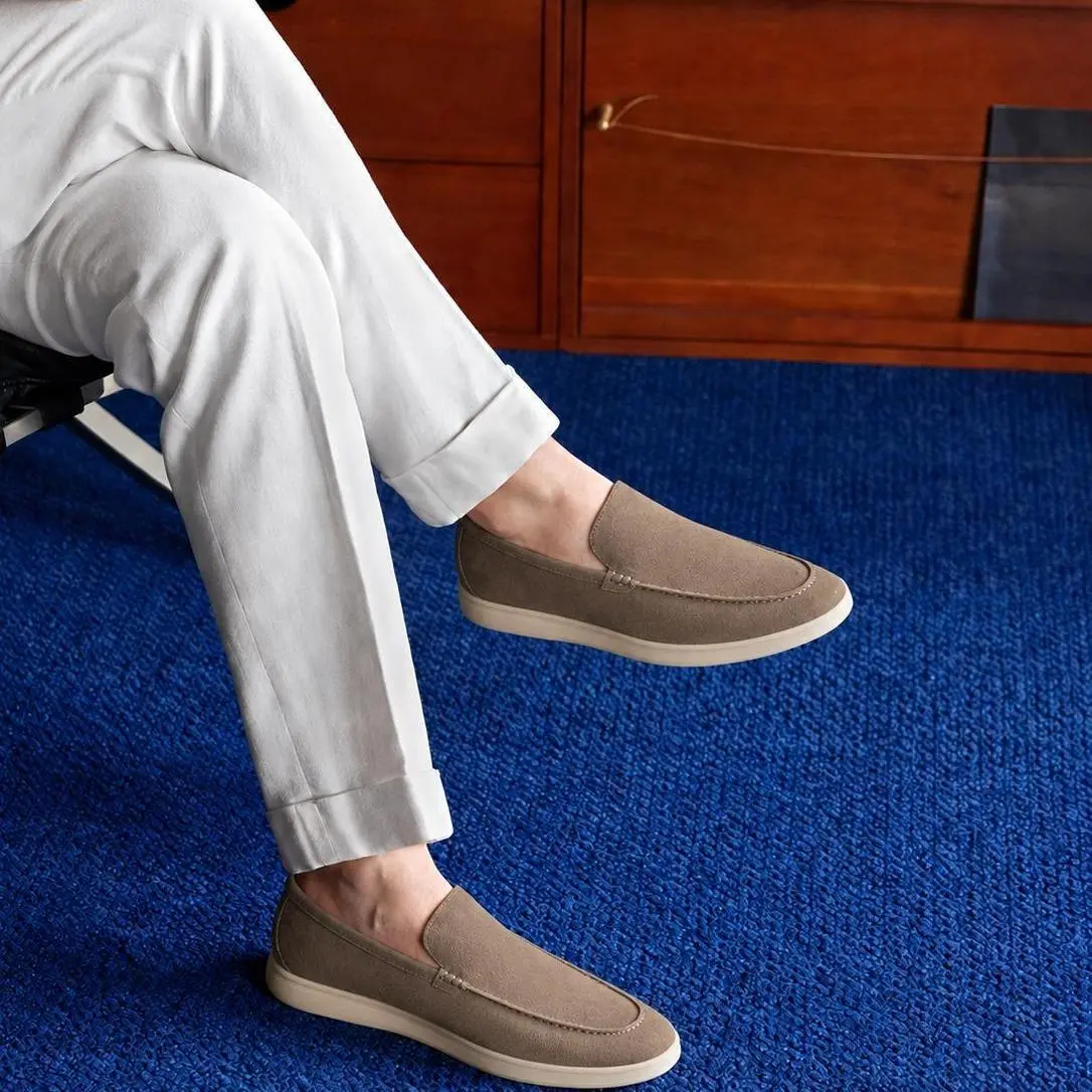Men's Classic Suede Cowhide Leather Loafers - Casual Slip-Ons & Flat Shoes, Lightweight Non-Slip Rubber Sole Footwear for Summer Boat Trips, Beach, Mens Shoes, Round Toe