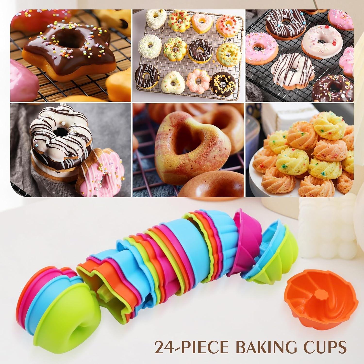 24 Pcs Silicone Cooking Molds, 6 Pcs Various Styles of Silicone Baking Cups, Non-Stick Cupcake, Donut, and Muffin Molds, Pastry Liners, Baking Supplies, Oven, Microwave, and Dishwasher Safe, Kitchen Appliance