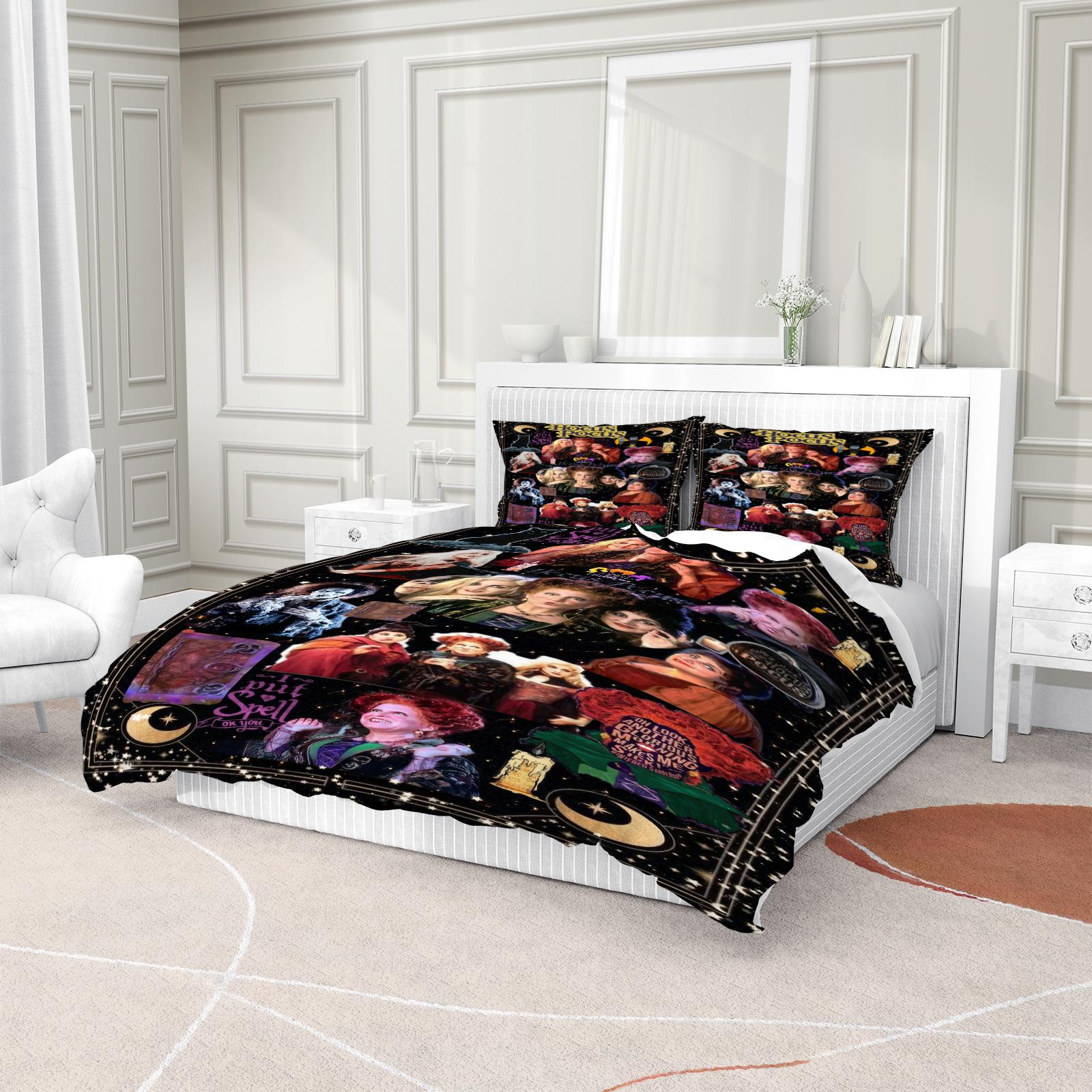 Soft Durable Hocus Pocus Bedding Set, Includes 1 Fitted Sheet and 1 or 2 Pillowcases, No Cotton Inner Core, Ideal for Daily Use, Holidays, Birthdays