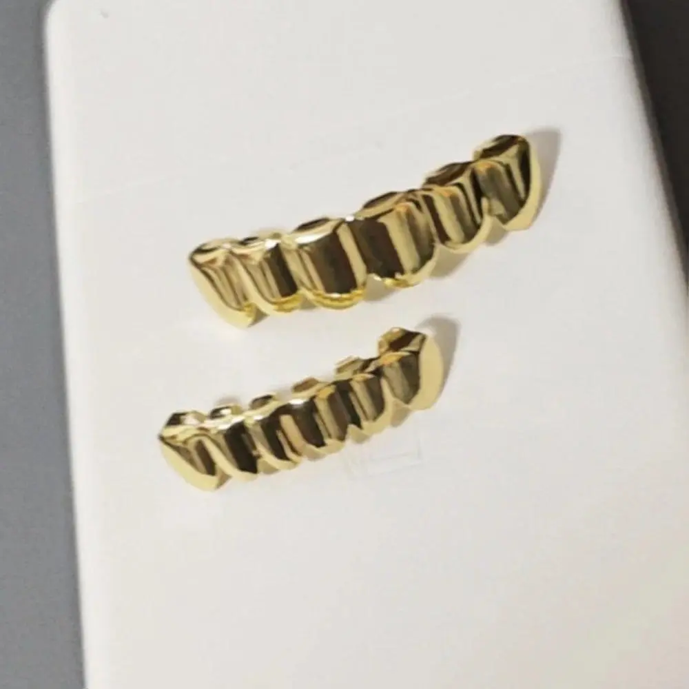 Shiny Gold & Silver Plated Hip Hop Teeth Grillz Set Top & Bottom with Silicone Realistic Vampire Tooth Design Stylish Accessory
