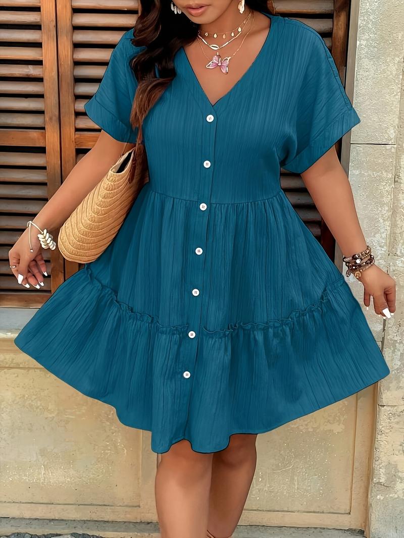 Plus Size V Neck Textured a Line Dress with Hollow Shoulders, Flared Hem for Summer, Women's Casual Sun Dress for Every Occasion