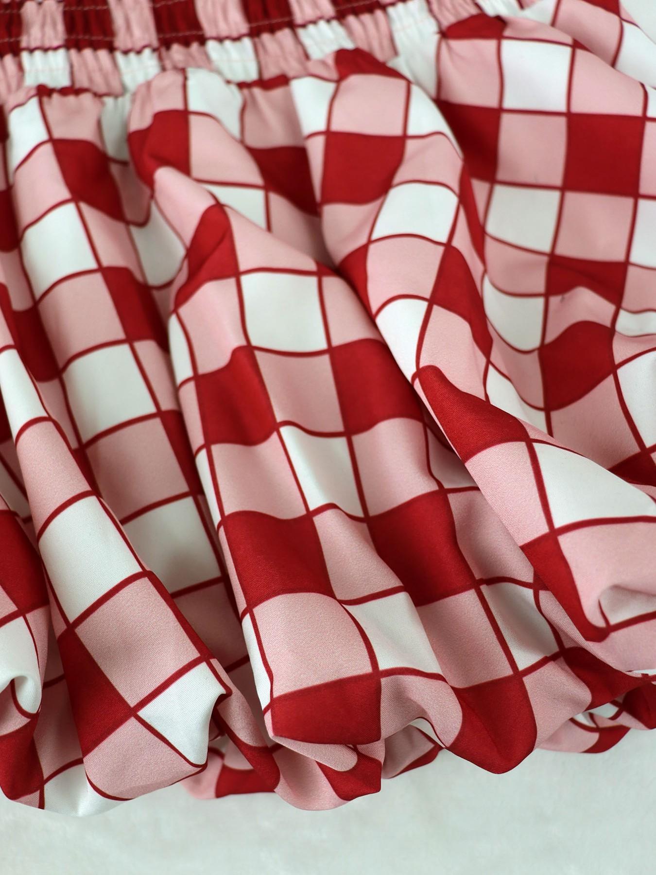 Spring Summer Versatile Plaid Skirt, Short Lantern Skirt, Bubble Hem, Casual Style, Perfect for Daily Wear, Vacation, and Multiple Fitted