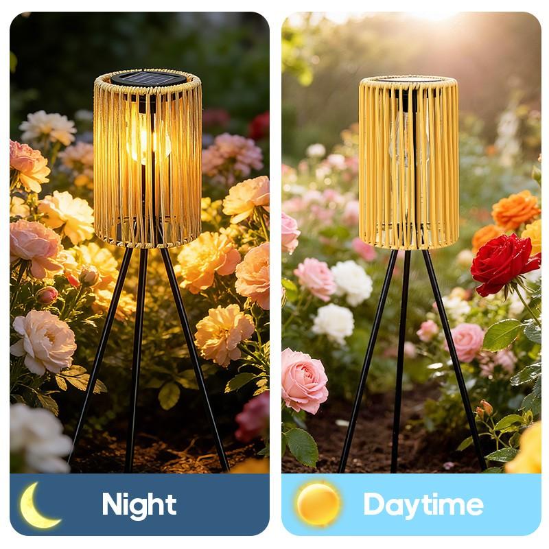 Solar-Powered Outdoor Floor Lamp Handcrafted Wicker Lantern Wrought Iron Tripod Lantern Housewarming Gift Rustic Indoor/Outdoor Decorative Lamp, These Woven Lamps Provide Decorative Lighting for Gardens, Yards, Patios, And Pathways.