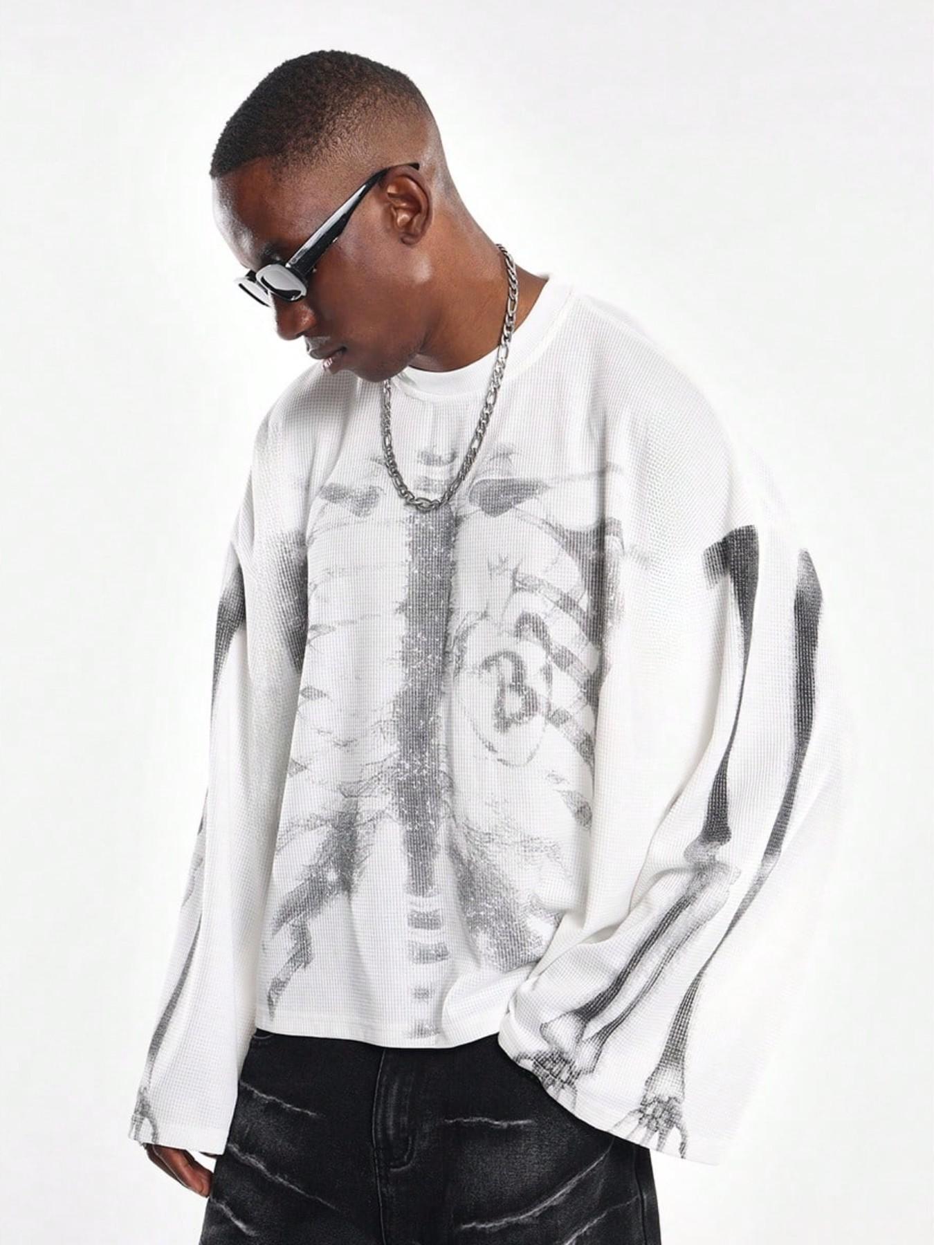 Men's Loose Waffle Print Long Sleeve Crewneck T-Shirt, Soft