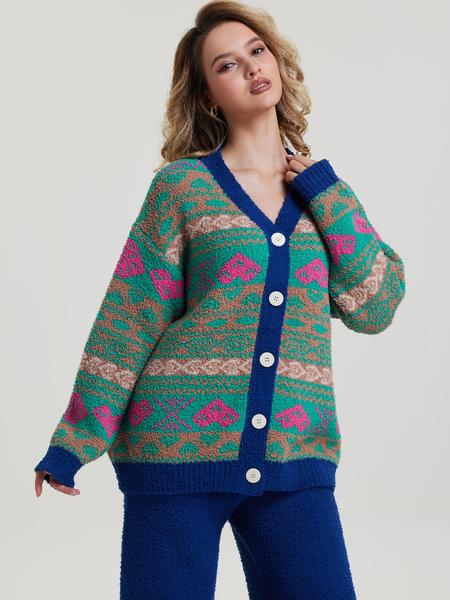 Two-picec  Women's Vintage Style Home Set, Knit Cardigan & Deep Blue Wide-Leg Pants, Pop Art Pattern, Thick Fabric, Fall Winter Boho Loose Fit