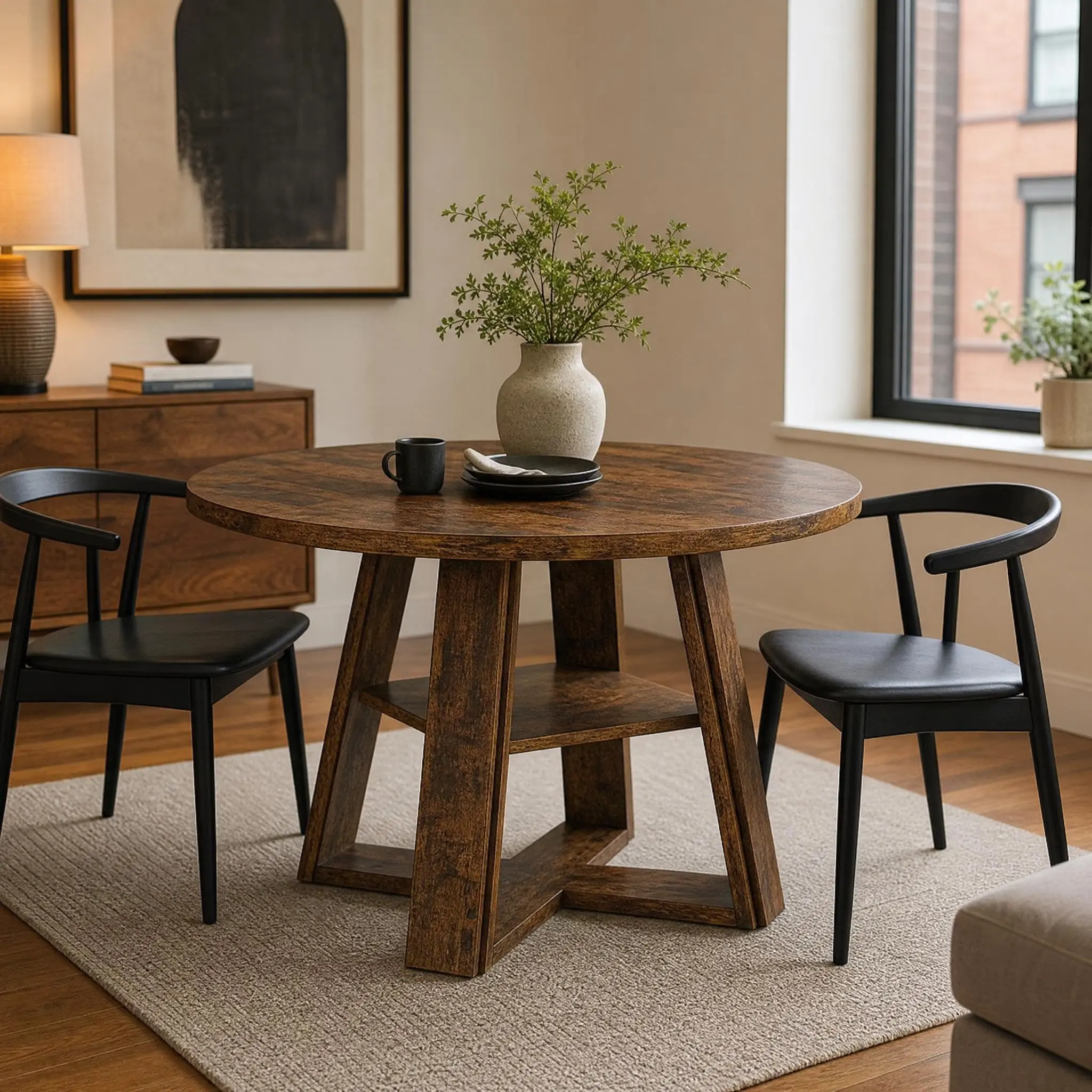 43" Modern Farmhouse Circular Dining Table (Table Only) - Wooden Pedestal Base with Built-in Shelf, Easy Set-Up, Space-Saving Compact Design, Seats 2-4, for Kitchen, Home Decor & Apartment Decor Ideas