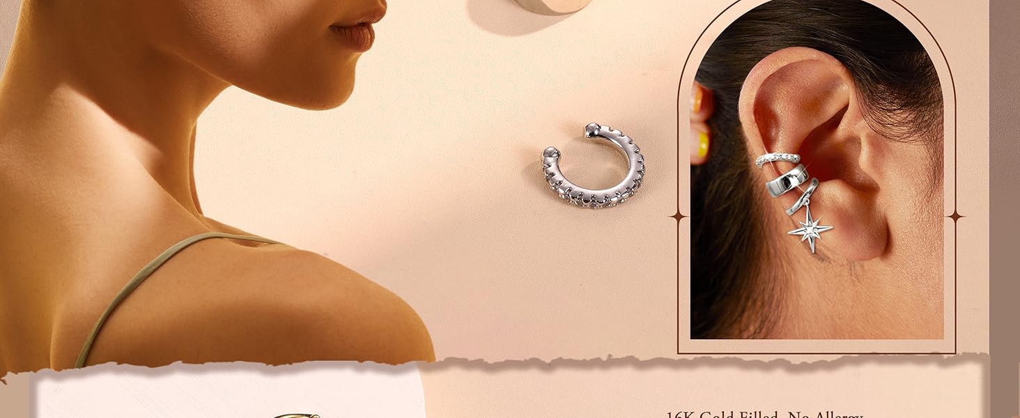 3Pcs Ear Cuff No Piercing for Women Gold Ear Cuff Earrings Silver Clip on Hoop Earring Adjustable Cartilage Helix Earring Hypoallergenic Fake Piercings Earrings Stack for Sensitive Ear