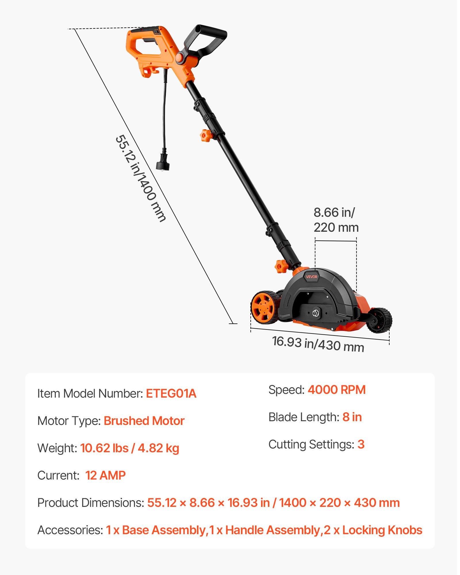 【Summerfinds】VEVOR Electric Lawn Edger, 8-in High-Carbon Steel Blade, 12 A, 4000 RPM, 3-Position Depth Adjustment, 55.12 in Pivoting Handle, Dual Wheels, 10.62 lbs, for Grass Surfaces & Curb Appeal Enhancement