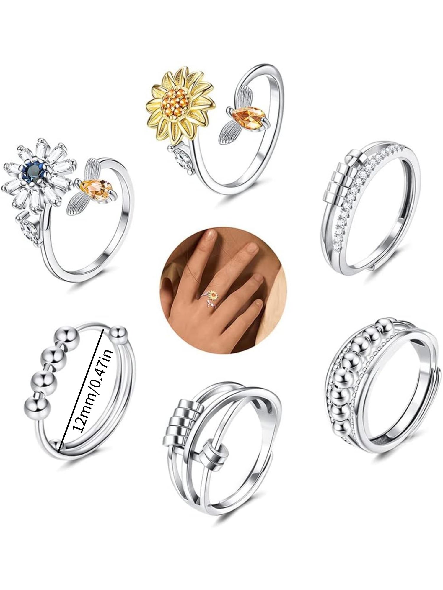 6Pcs Fidget Anxiety Rings for Women Spinner Fidget Rings for Anxiety Adjustable Flower Bead Stress Relief Spinning Stackable Ring Set, Green
