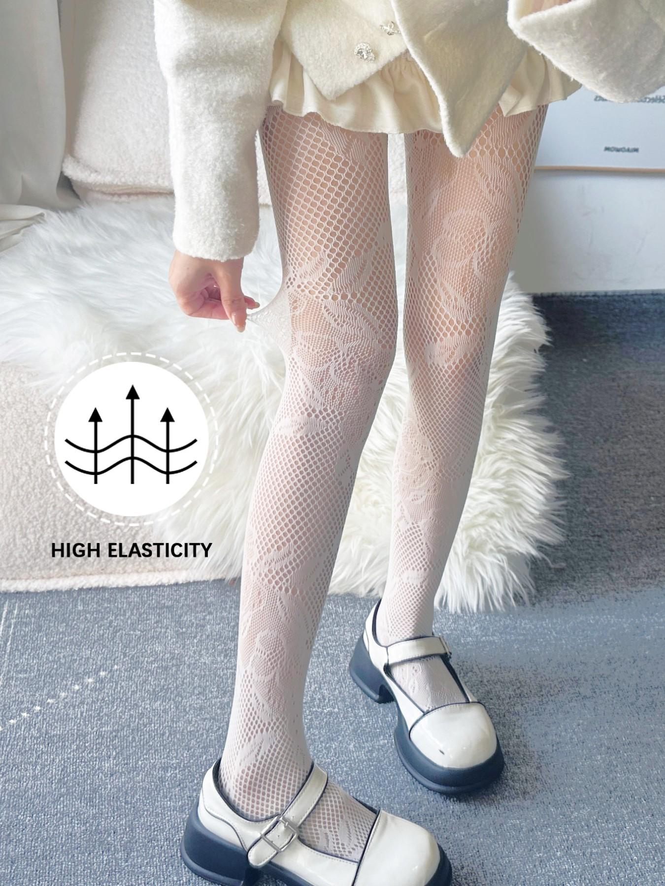 French Vintage Lace Mesh Stockings, Thin Hollow Out Flower Pattern Pantyhose, Boho Style, Fitted, Women's Fashion Accessories