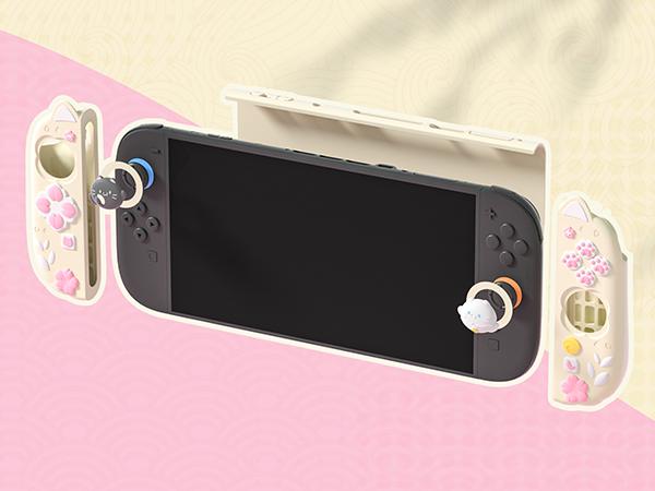 PlayVital [for Nintendo Switch 2 (2025 Version)] Protective Silicone Grip Case  - Joycon Covers + Dockable Protection + Extra Adjustable Stand & Thumb Grips- Cherry Blossoms Kitten & Good Night Bear & Magic Wings, Not compatible with the original Switch 1