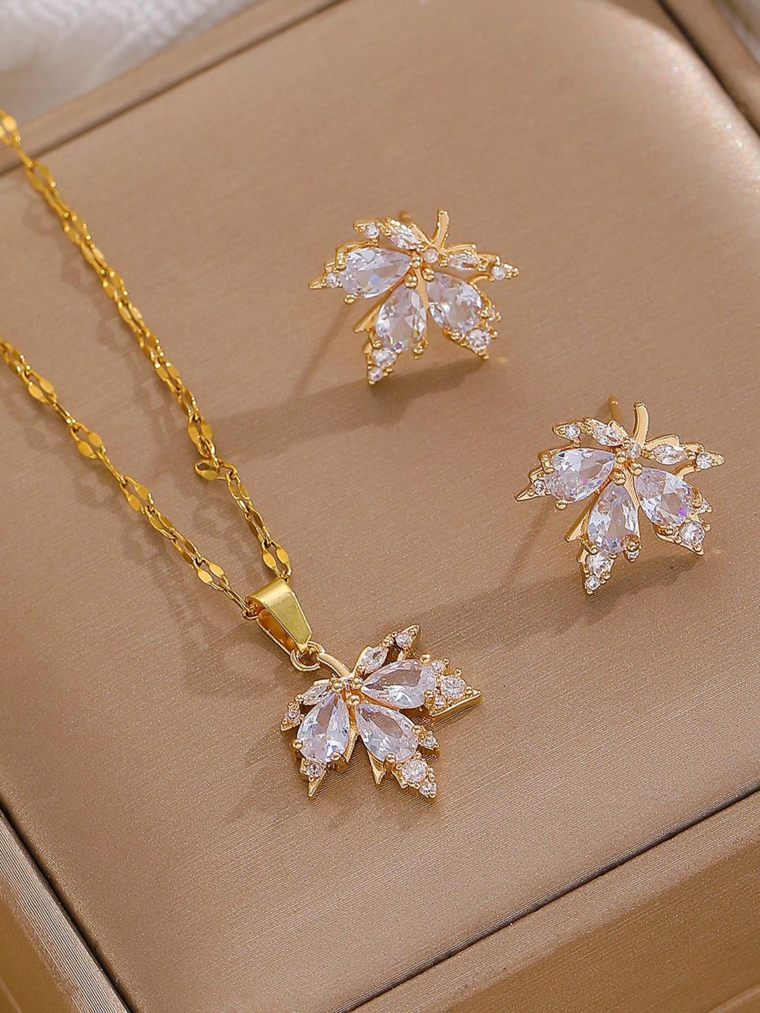 Maple Leaf Zircon Necklace Earrings Set, Elegant Jewelry for Women, Wedding Dinner Wear, Hypoallergenic, Sparkling, Skin-Friendly