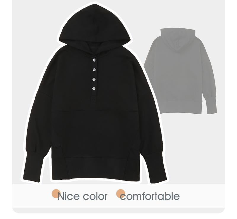 EVALESS Women's Casual Oversized Sweatshirts Hoodies Basic Button V Neck Long Sleeve Hooded Cotton Breathable Henley Pullover Tops 2026 Womenswear Winter Fall Outfits Clothes with Pockets