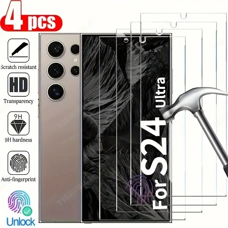 4pcs Tempered Glass Screen Protector, Protective Glass, 9h Hardness, HD Display, Anti-Fingerprint, Scratch-Resistant, Bubble-Free Installation, Samsung Galaxy S22 5G/S22+ 5G/S23/S23+/S24/S24 Plus/S24 Ultra/S25/S25 Plus/S25 Ultra/S25 Edge Series