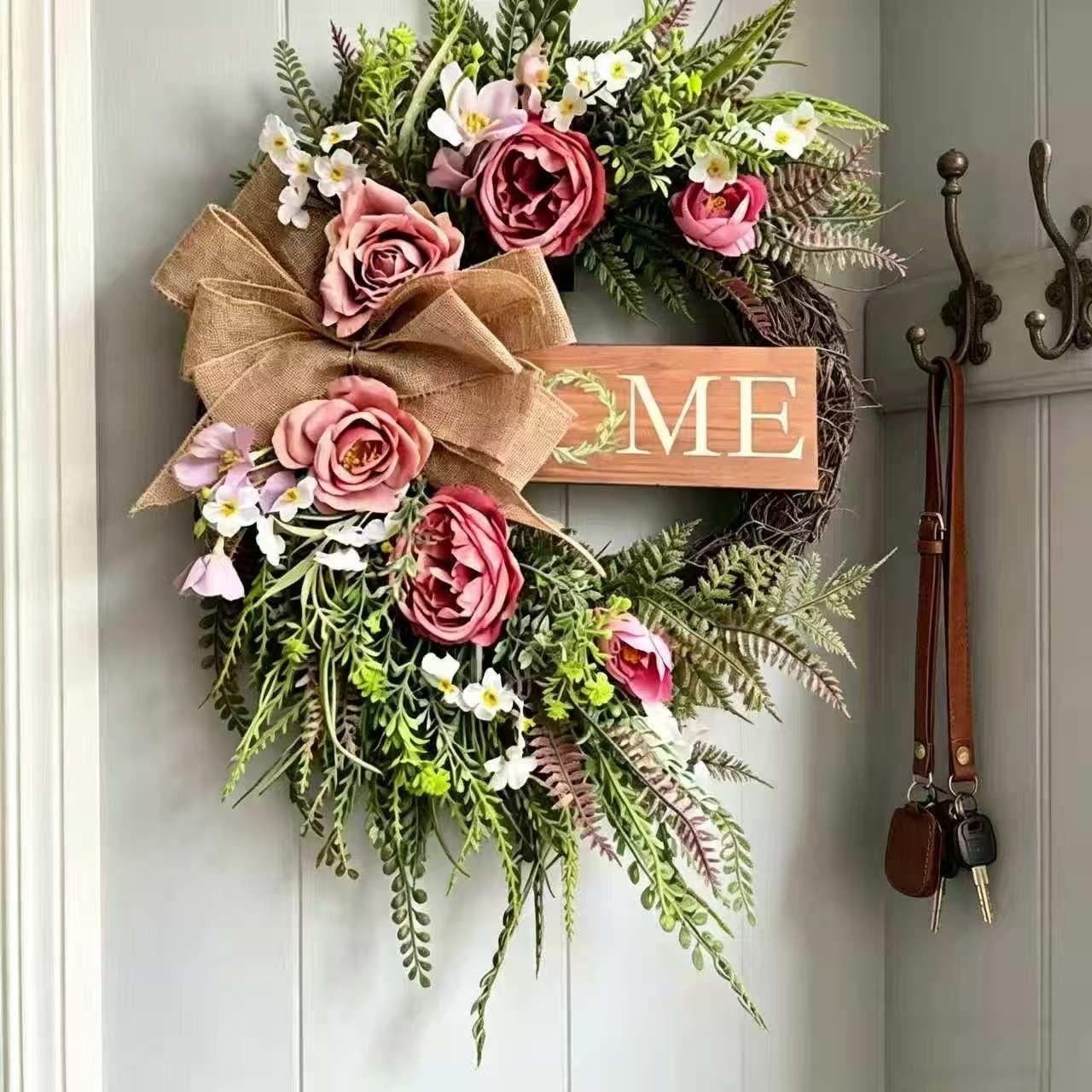 Neutral Color Farmhouse Style Wreath with Peony Flowers, Home Signboard, Hemp Cloth Bow, All-Season Decor for Porch, Living Room, Entryway