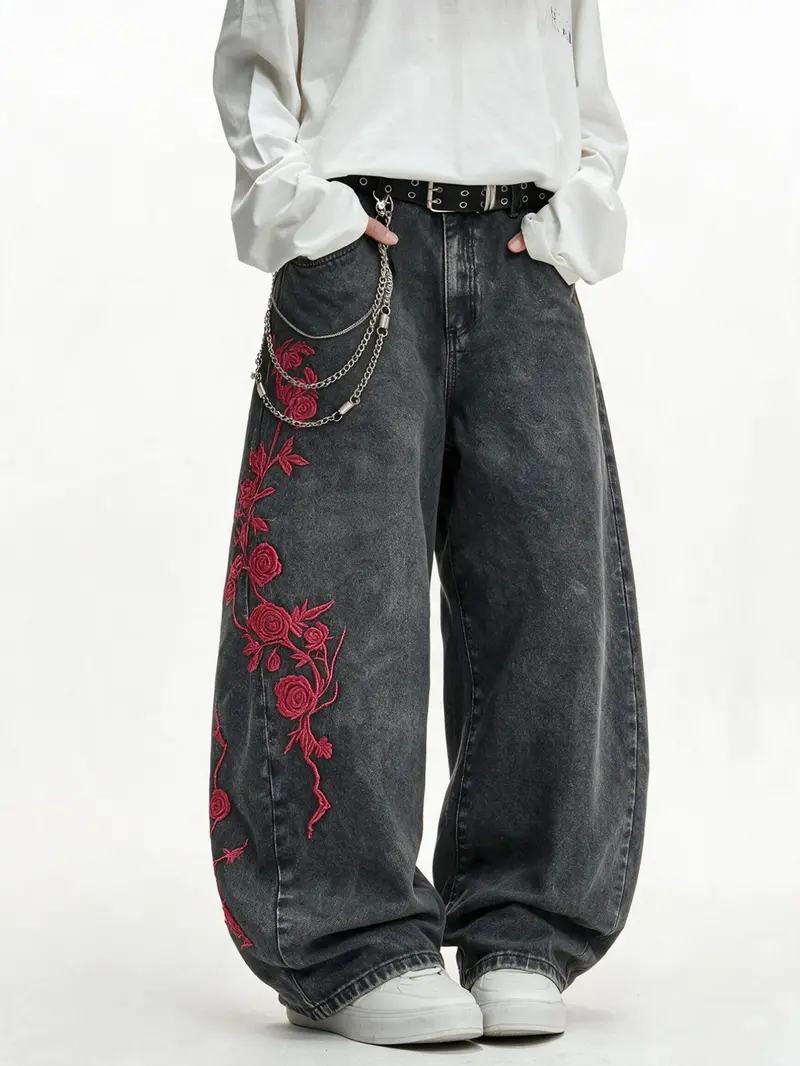 Men's Rose Embroidered Wide Leg Jeans, Vintage Washed Loose Fit Streetwear, Trendy Hip-Hop Long Pants, All Seasons Fashion