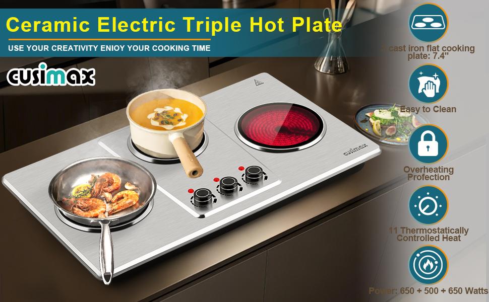 CUSIMAX Hot Plate Electric Countertop Infrared Triple Burner with 7 Ceramic Glass Cooktop 11 Level Temperature Setting 1800W Power for All Cookware electric hot plate Double Stove burner built-in electric stove top Portable level temperature control cookt
