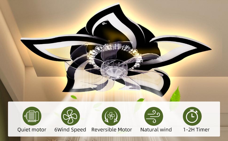 Ceiling Fans with Lights Remote Control, 27" Black, 6 Speeds 3 Light Color Lighting Low Profile Flush Mount Modern Ceiling Fan for Kitchen Bedroom