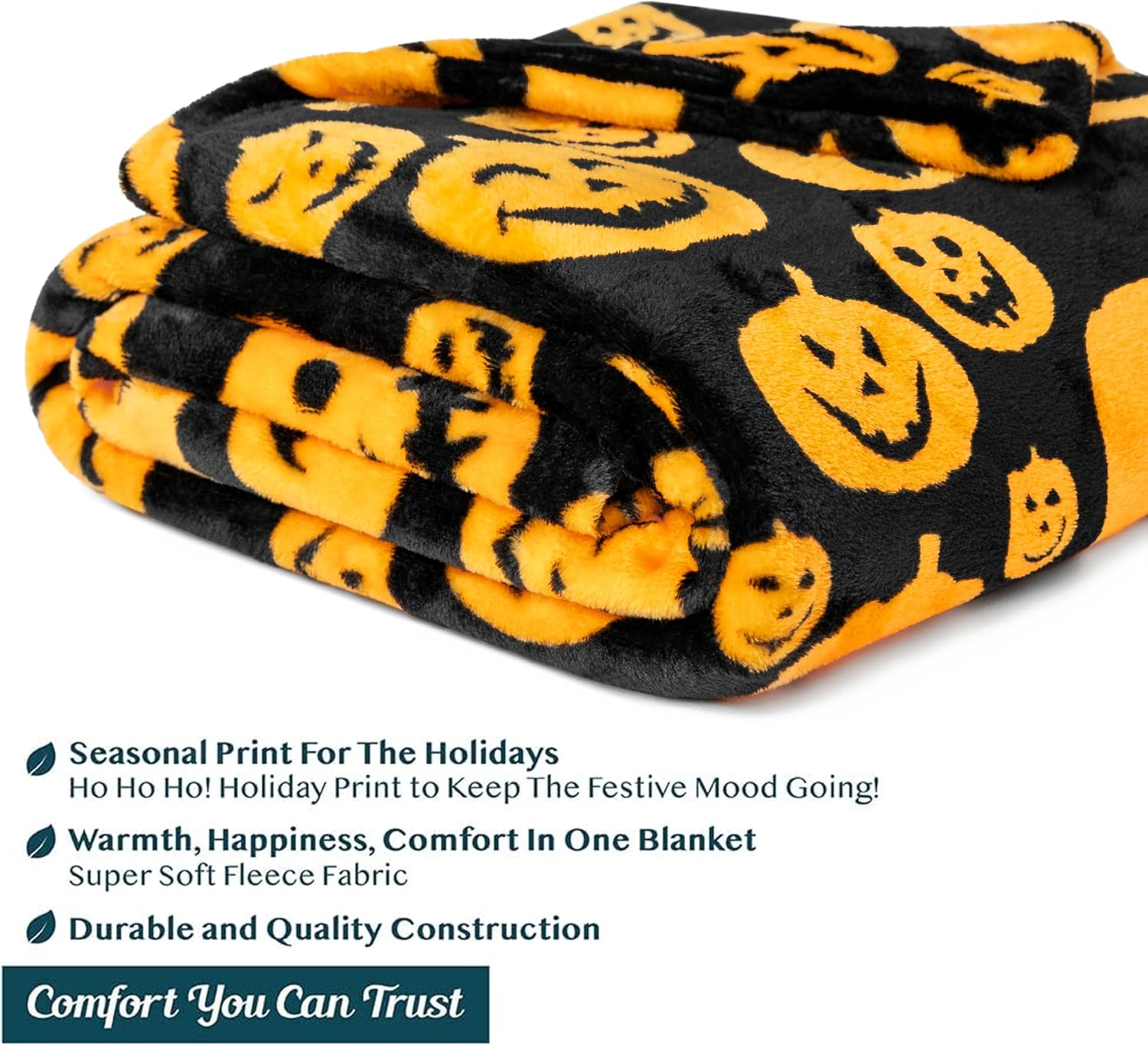 Halloween Fleece Couch Throw Blanket, 60x80 in Soft Plush Warm Black Fall Cabin Blanket with Orange Pumpkin Design for Home Room Decor, Modern Throw