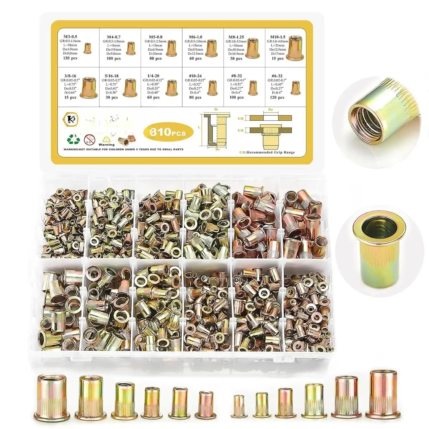 Rivet Nut Kit, 810pcs SAE & Metric Rivet Nut Assortment Kit Galvanized Carbon Steel Flat Head Threaded Insert Nuts, Sizes 6-32 8-32 10-24 1/4"-20 5/16"-18 3/8"-16 M3 M4 M5 M6 M8 M10
