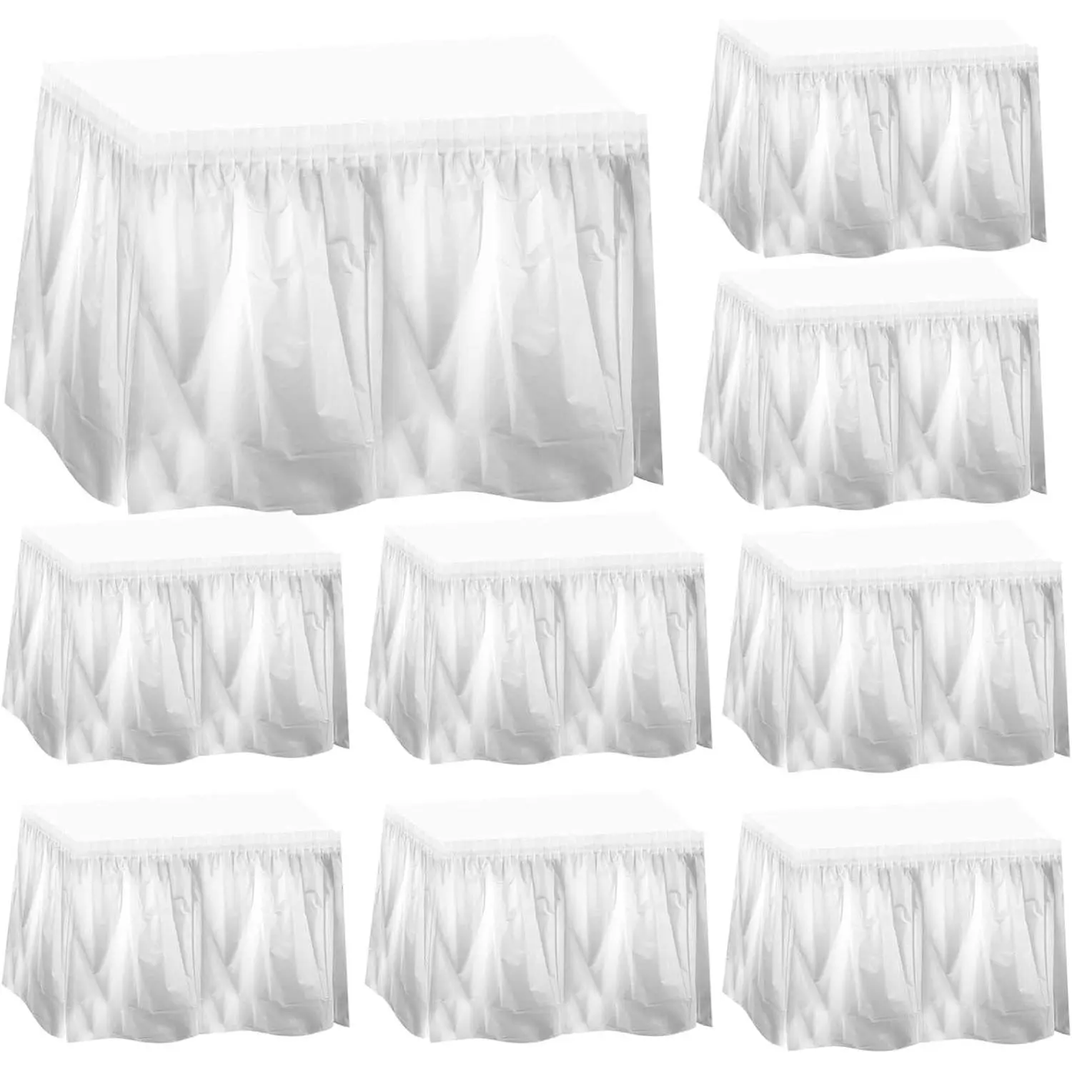 10 Pack White Pleated Table Skirt for Rectangle Tables, 29in x 14ft Disposable Plastic Tablecloth Skirt for Kitchen, Party, Wedding and Picnic