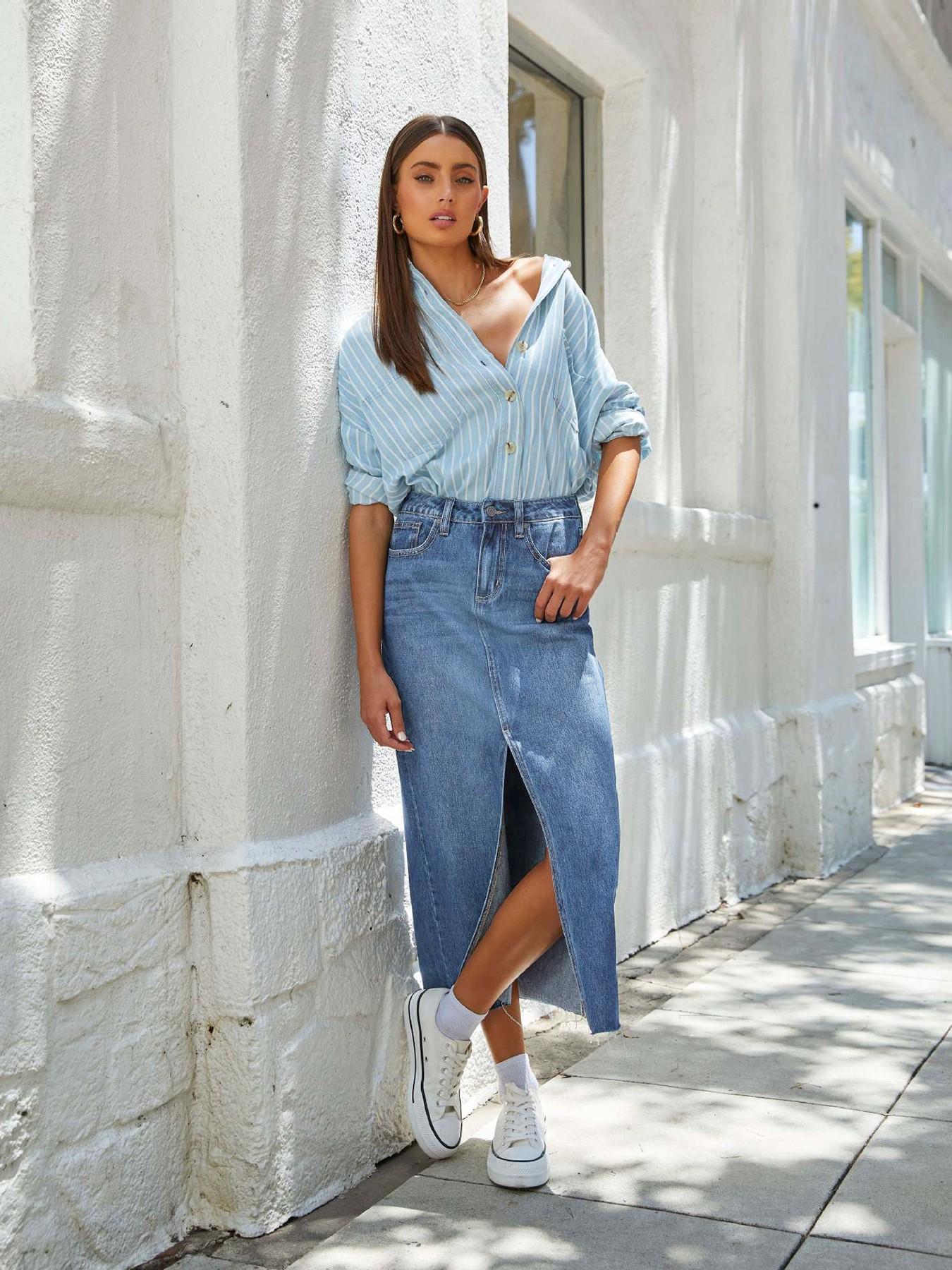 Women's Straight Leg Split Denim Midi Skirt, Basic Fitted Denim Half Skirt, Pocket Design, Slimming Casual Dress for Summer, Slit