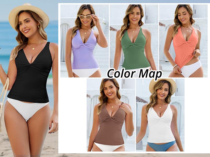 GRAPENT Tankini Tops for Women Swimwear Twisted V Neck Bathing Suit Beach Vacation Modest Padded Swimsuit Swim Top Only