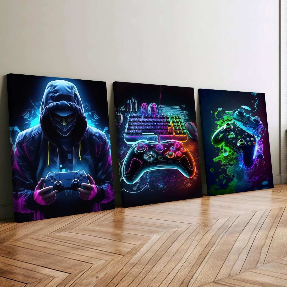 3-Pack Wood Frame Canvas Art, Neon Game Controller Wall Decor, Modern Home Decoration, Waterproof Odorless, Living Room Bedroom Office