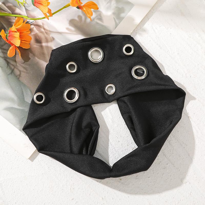 AWAYTR Punk Girl Hollowed Out Eyelets Wide Elastic Headband Stretchy Metal Rock Sports Grommet Headband Hair Accessories