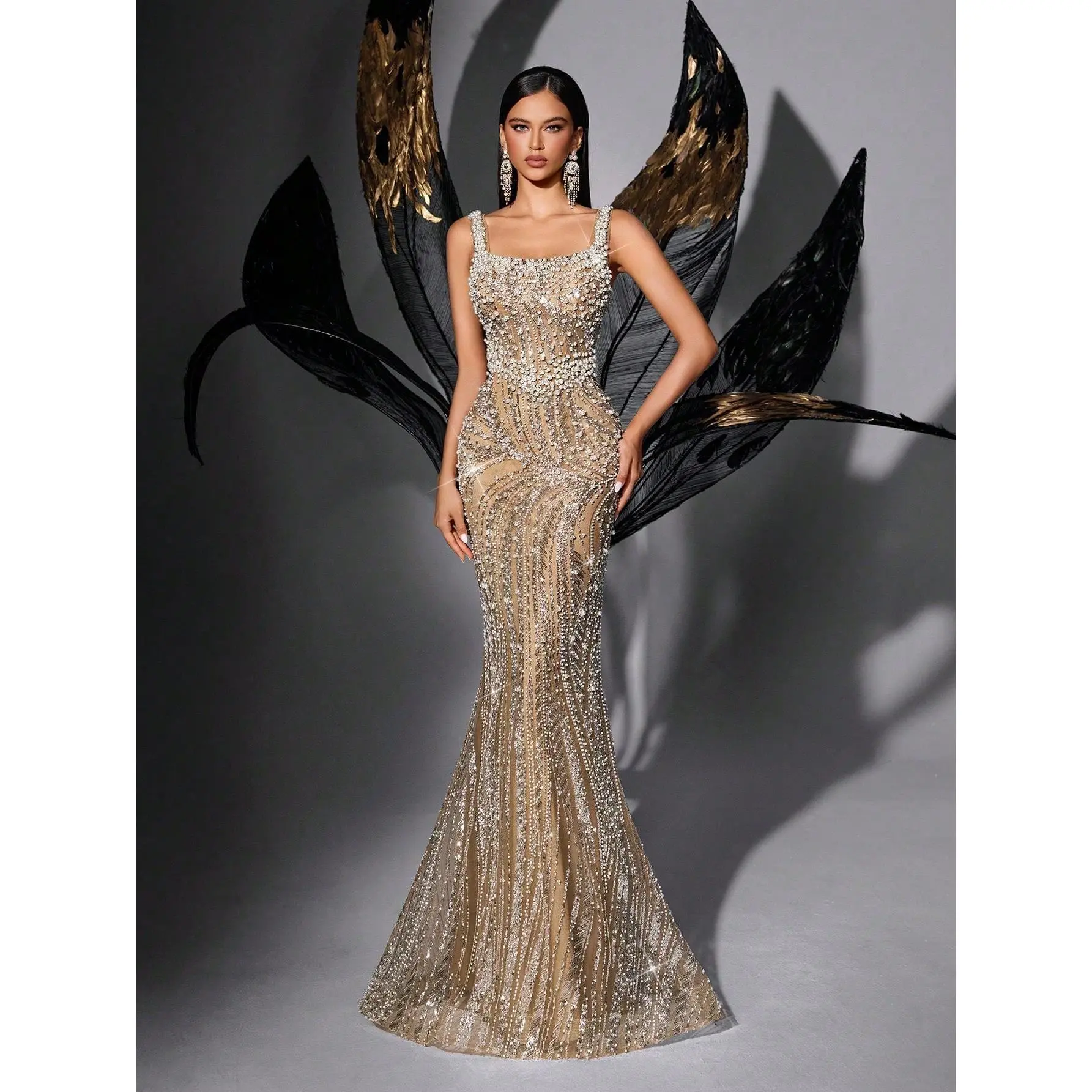 Square Spaghetti Strap Back Cross Tie Mermaid Gown All Over Rhinestone Beaded Sleeveless Bodycon Floor Formal Dress For Prom Banquet Wedding Reception Shooting Events