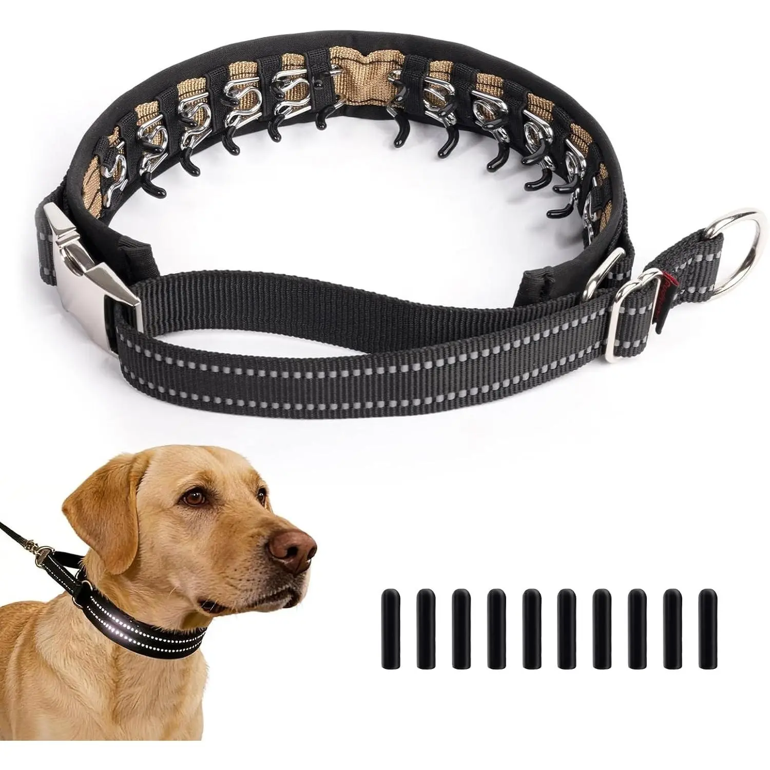 Black Hidden Prong Collar for Dogs, Heavy-Duty Martingale Design with Quick-Release Metal Buckle, 2.25mm Pinch Collar, 1.5” Wide, Adjustable Fit 16in-19in for Medium-Large Dogs (Behavior Training, Daily Walking)
