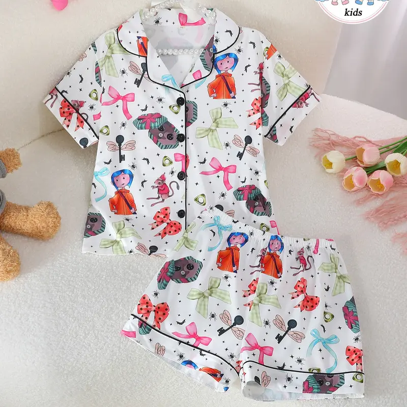 2-Piece Kids Pajama Set, Short Sleeve Button Front Cardigan & Shorts, Cartoon Bow Pattern, Girls Medium Large, All Seasons, Sleepwear Set