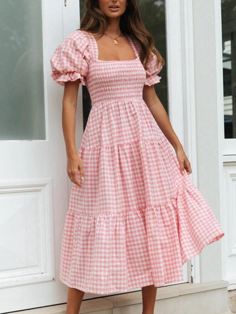 Women's Gingham Print Bubble Sleeve Dress, Casual Short Sleeve Square Neck A Line Dress for Summer, Women's Clothing for Daily Wear