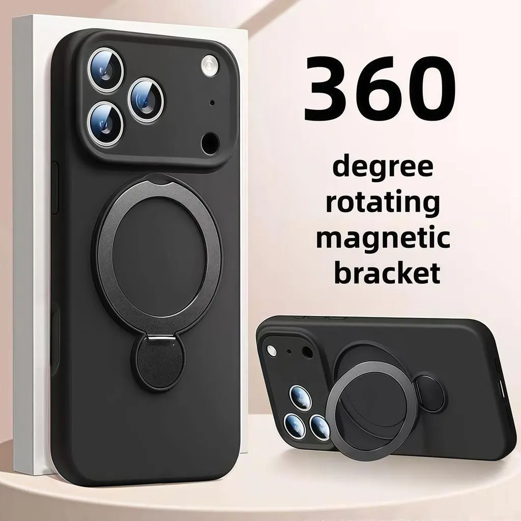 360-Degree Rotating Metal Flop Bracket Cellphone Case for iPhone 18 Pro Max, 17 Pro Max & Complete Series - Anti-Drop Soft TPU Silicone Cover, All-Inclusive Shockproof Casing Device Accessory