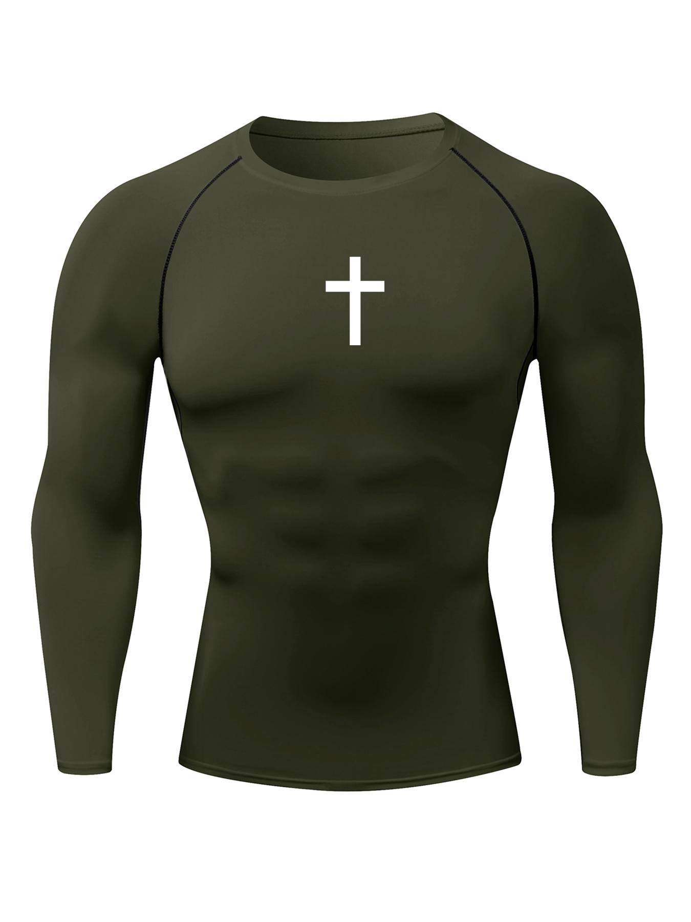Men's Cross Print Round Neck Sports Tee, Tight Sporty Quick Drying Breathable Long Sleeve T-shirt, Men's Sportswear for Spring & Fall Gym Workout, Athletic Style High Performance Activewear