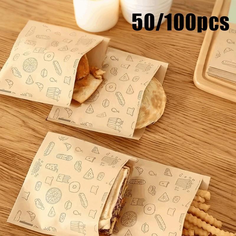 Kraft Paper Sandwich Bags, Oil-Resistant Disposable Food Bags for Hamburgers, Desserts, Fried Chicken, Leak-Proof Snack Packaging for Parties, Catering, Mobile Vendors, Weddings, Birthdays, Back-To-School Season
