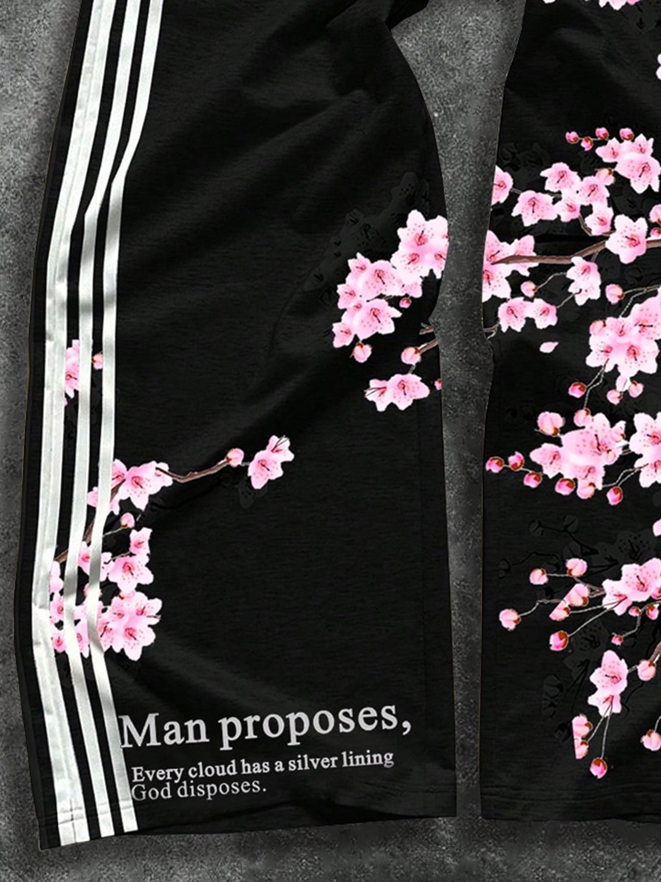 Men's American High Street Loose Wide Leg Pants, Side Stripe Cherry Blossom Digital Print Sweatpants, Drawstring Waist Casual Sports Long Pants