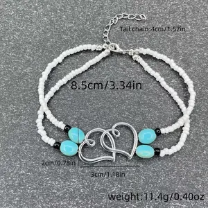 Bohemian Style Women's Anklet Set with Rice Beads, Heart, and Turquoise Charms for Vacation Jewelry