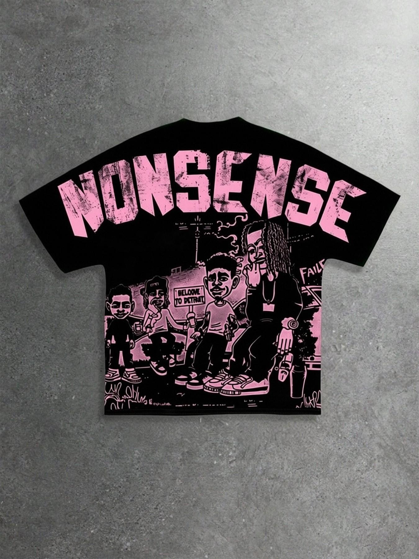 Men's Black Pink NONSENSE Letter Print T-Shirt, Vintage Streetwear Hip Hop Top, Suitable for Daily Wear and Street Style