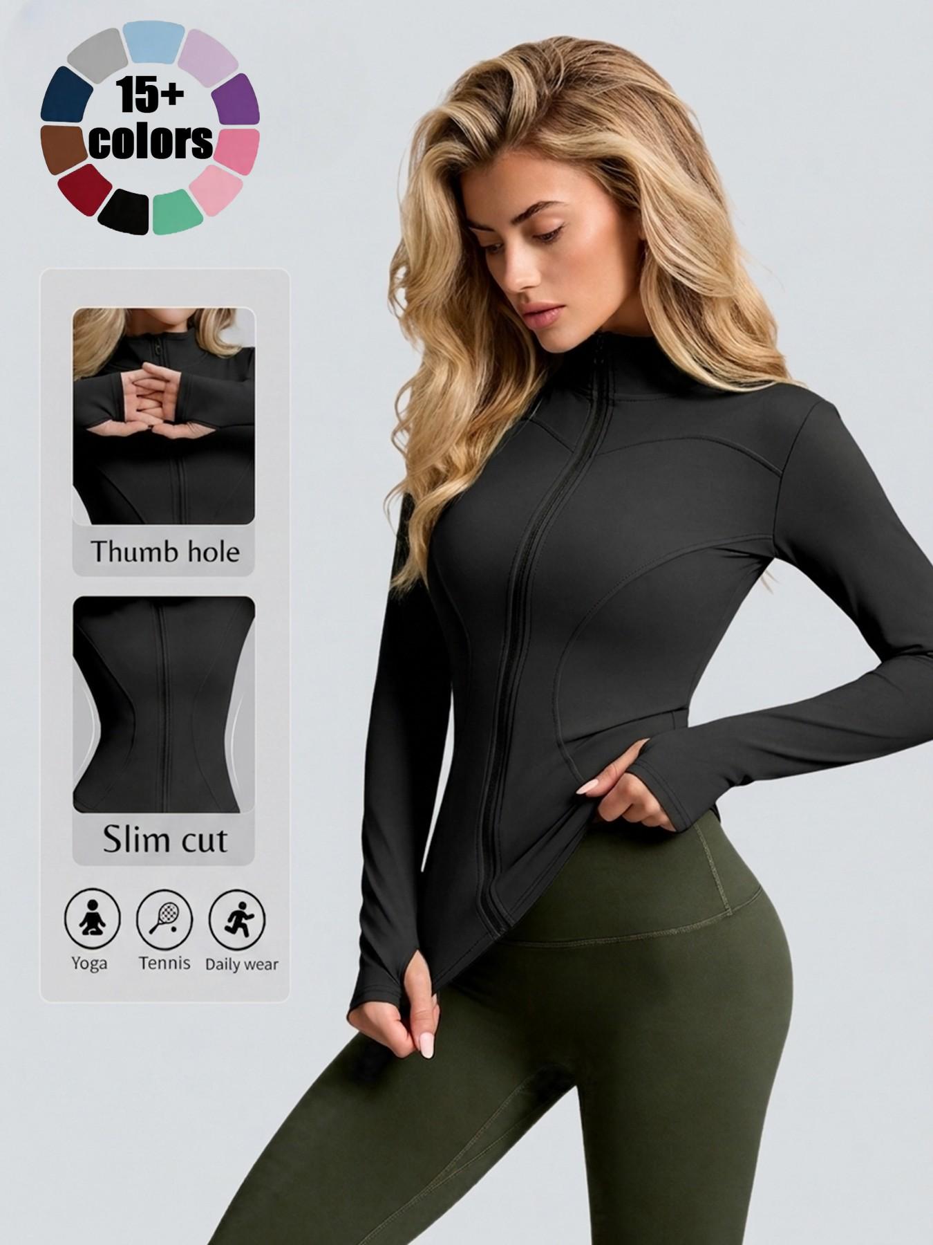 Women High Stretch Stand Collar Thumbhole Fitness Top, Breathable Running Slim Yoga Shirt, Long Sleeve Tight Workout Jacket, Workout Wear