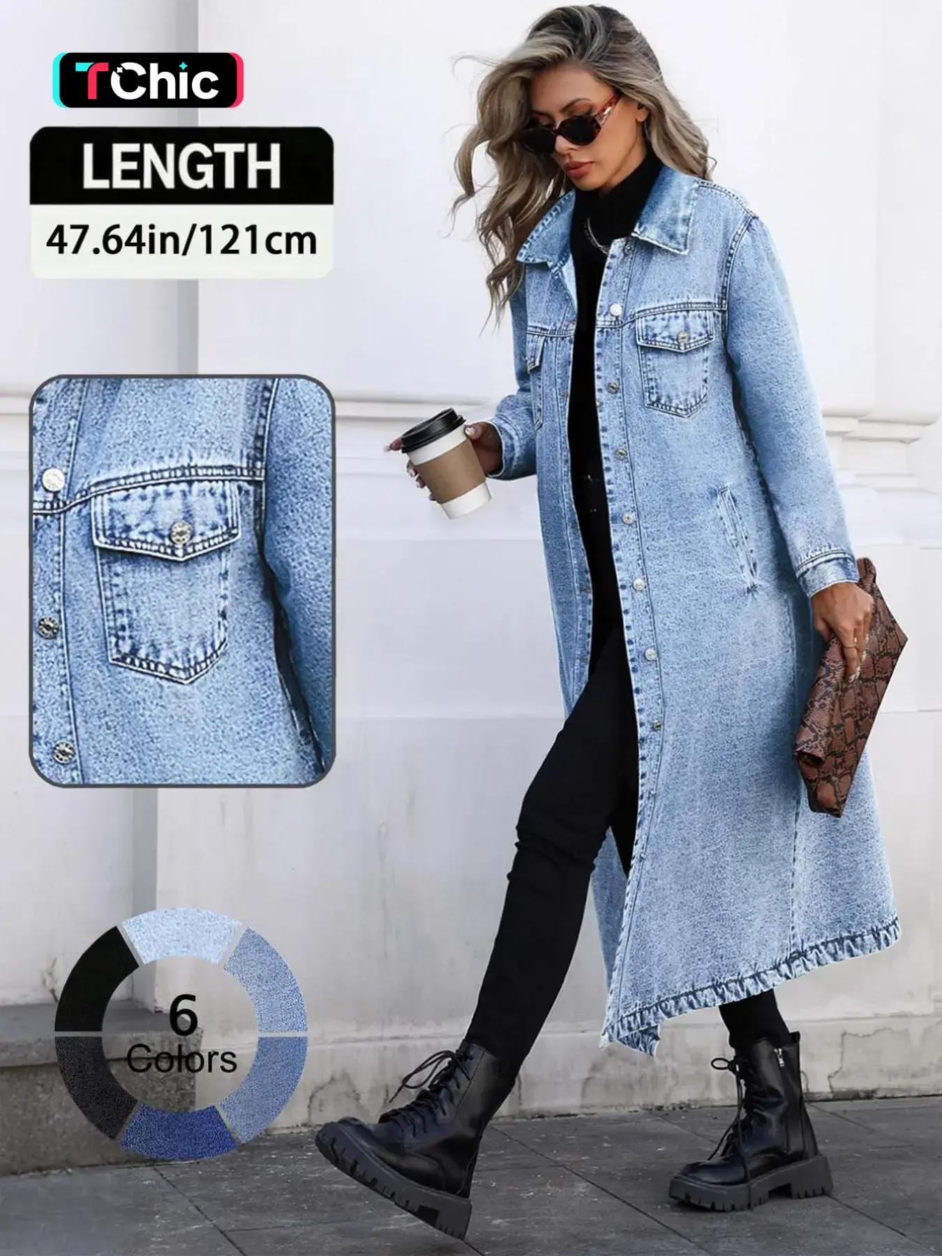 Women's Button Front Denim Coat, Elegant Casual Long Sleeve Denim Outerwear for Spring & Fall, Women's Clothing for Daily Wear