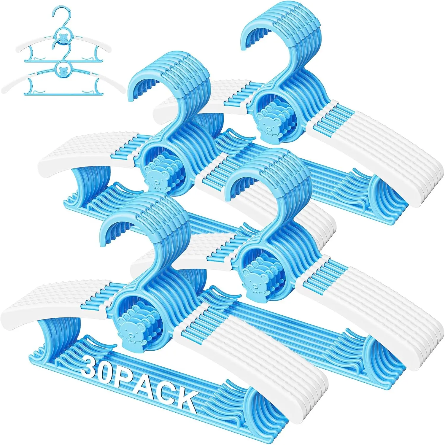 30 Pack Kids Hangers for Nursery Closet, Adjustable Non-Slip Toddler Baby Hangers with Windproof Buckle, 11-14" Infant Child Plastic Clothes Pant Hanger for Boys Girls Newborn Adult, Blue