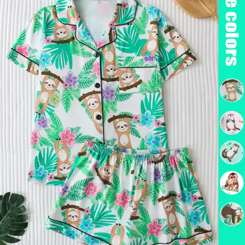 Two-Piece Sloth Tropical Plant Cartoon Print Sleepwear Set, Loungewear Outfit, Button-Down Short Sleeve Top and Loose Comfortable Shorts, Cute Fun Women's Pajama Pjs Set, All Seasons Pajamas