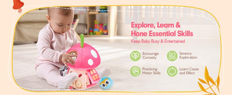 hahaland My First Mushroom House with Stuffed Jungle Animals, Rattle, Crinkle Paper, Mirror - Sensory Montessori Developmental Toys for Toddlers 1 Year Old Girl Gifts Stuffers Playpen Newborn Cute Baby Toy